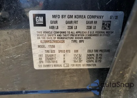 2021 Chevrolet Trailblazer Lt из США, поврежденный, VIN KL79MRSL2MB034326